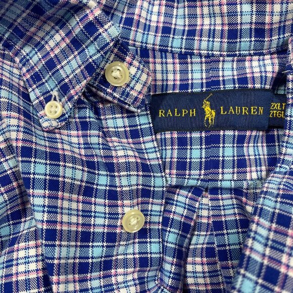 Ralph Lauren 2XLT‎ Blue Pink Plaid Short Sleeve Button Mens Shirt Flesh Pony - Picture 6 of 7